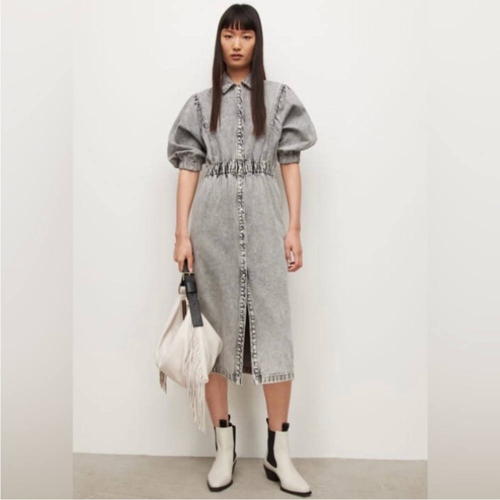 All Saints Gray Midi Dress with Puff Sleeves and Notched Collar, SIZE 2 US